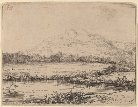 Canal with an Angler and Two Swans by Rembrandt van Rijn (Dutch, 1606 - 1669), 16X12"(A3)Poster Print