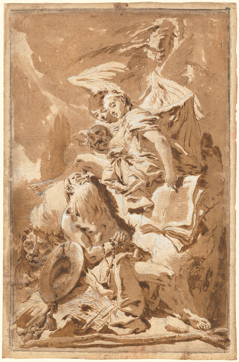 Saint Jerome in the Desert Listening to the Angels by Giovanni Battista Tiepolo (Venetian, 1696 - 1770), 16X12"(A3)Poster Print
