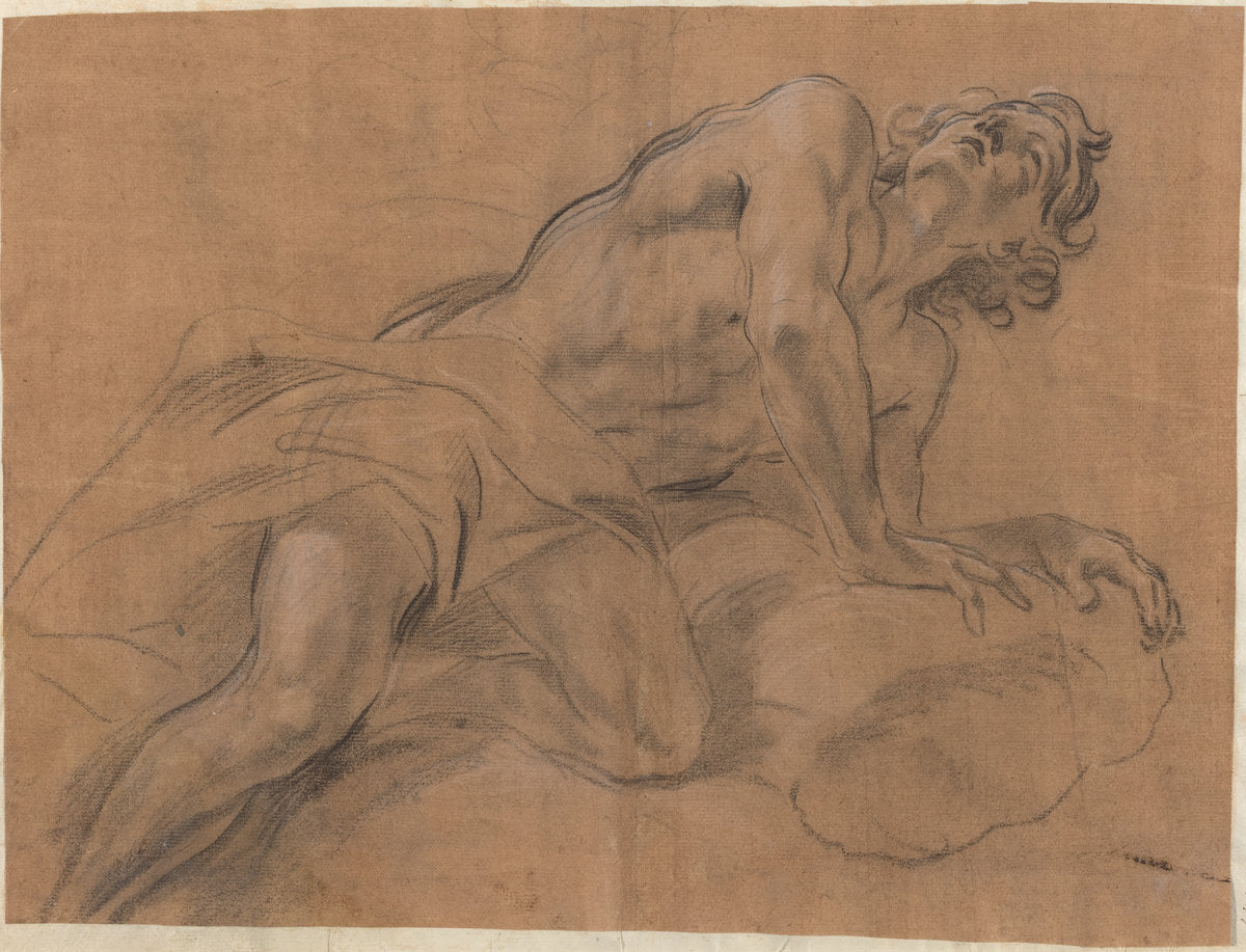 Nude Youth Leaning on a Cloud and Gazing Upward by Giovanni Battista Beinaschi (Italian, 1636 - 1688), 16X12"(A3)Poster Print
