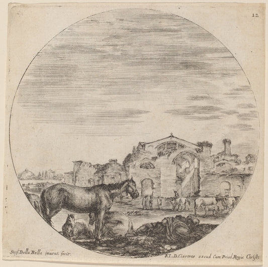Baths of Diocletian and Shepherd Sleeping by Stefano Della Bella (Italian, 1610 - 1664), 16X12"(A3)Poster Print