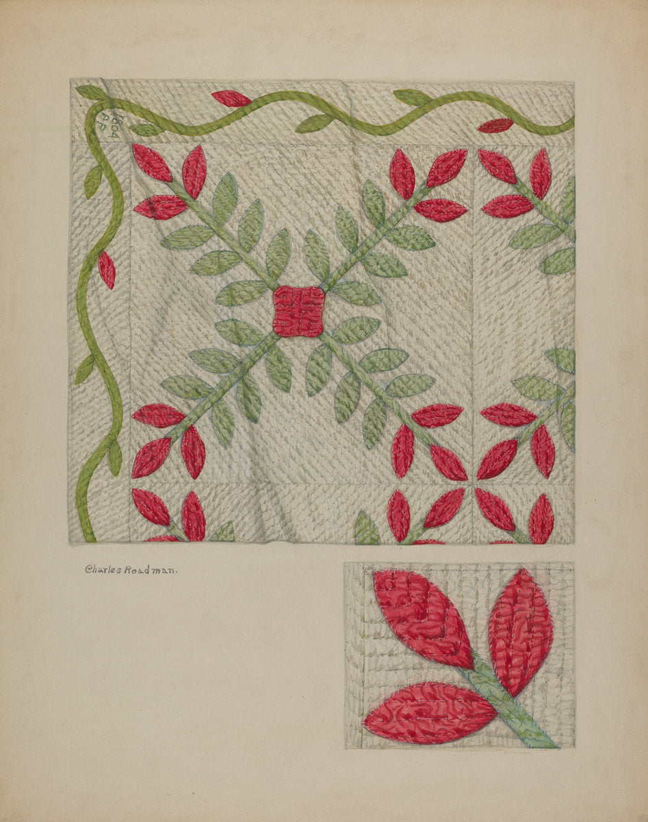 Quilt (Red and Green Leaves) by Charles Roadman (American, active c. 1935), 16X12"(A3)Poster Print