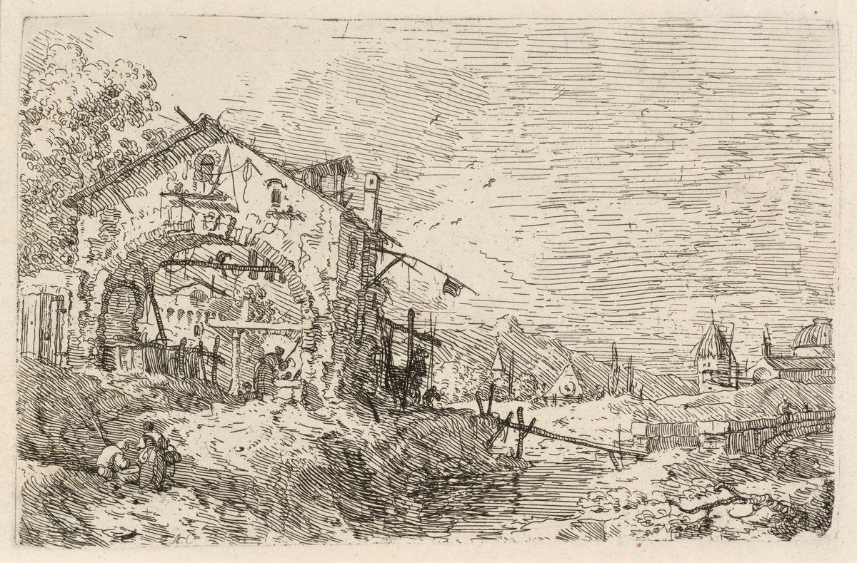 Landscape with a Woman at a Well by Canaletto (Venetian, 1697 - 1768), 16X12"(A3)Poster Print