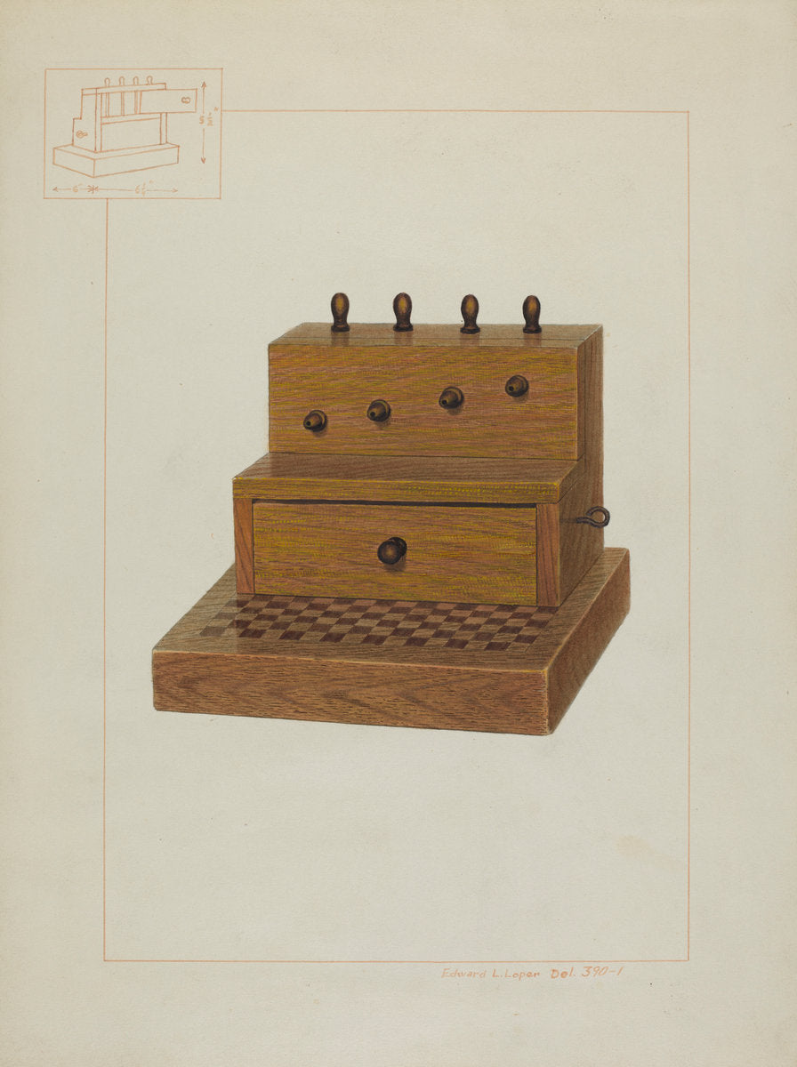 Sewing Kit and Spool Box by Edward L. Loper (American, born 1916), 16X12"(A3)Poster Print