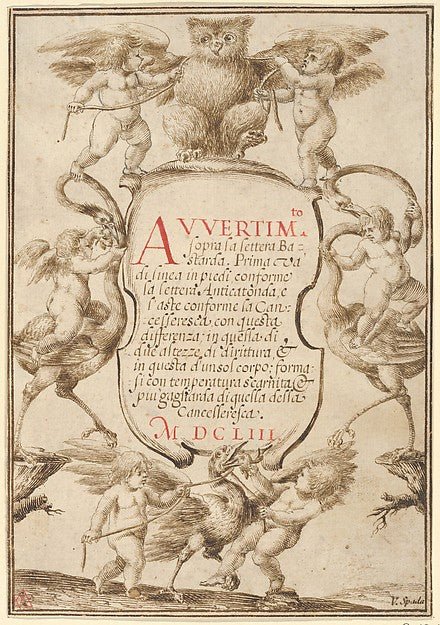 Valerio Spada:Frontispiece with Putti and Animals 1653, vintage artwork, 16x12"(A3) Poster Print
