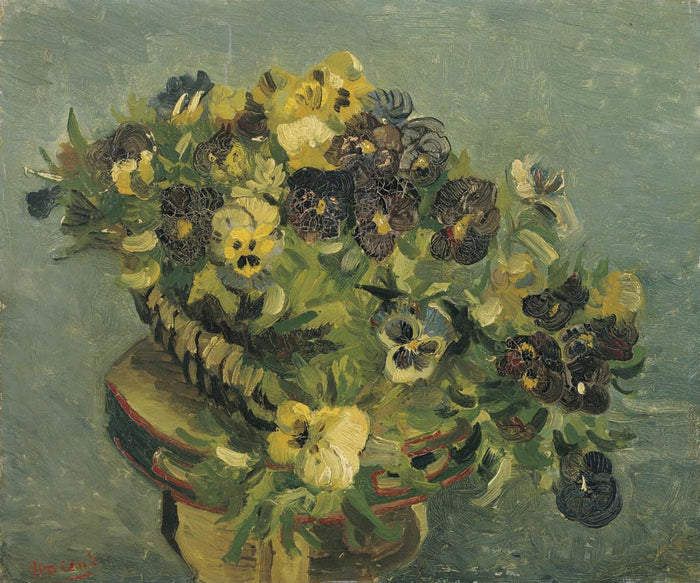 basket of pansies on a small table by V. Van Gogh, 12x8