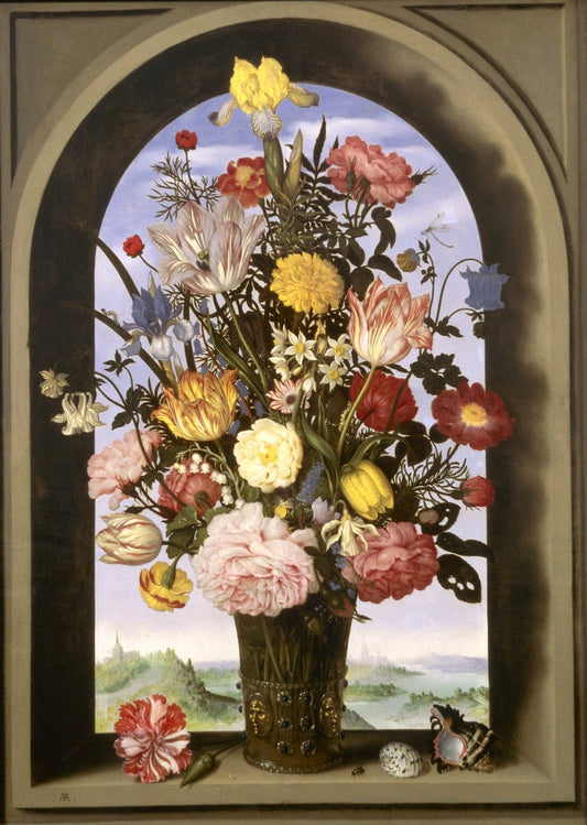 Vase with Flowers in a Window, vintage artwork by Ambrosius Bosschaert (I), 12x8" (A4) Poster