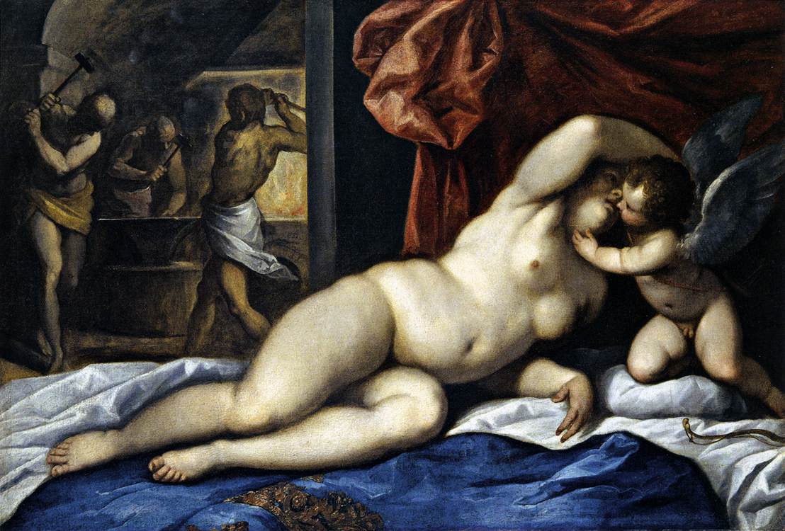 Venus and Cupid at Vulcans Forge, vintage artwork by Palma Giovane, A3 (16x12") Poster Print