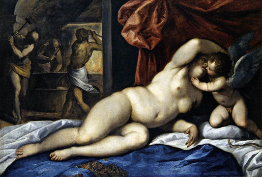 Venus and Cupid at Vulcans Forge, vintage artwork by Palma Giovane, A3 (16x12") Poster Print