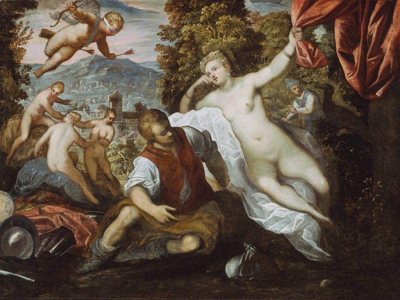 Venus and Mars with the Three Graces in a Landscape, vintage artwork by Domenico Tintoretto, A3 (16x12") Poster Print