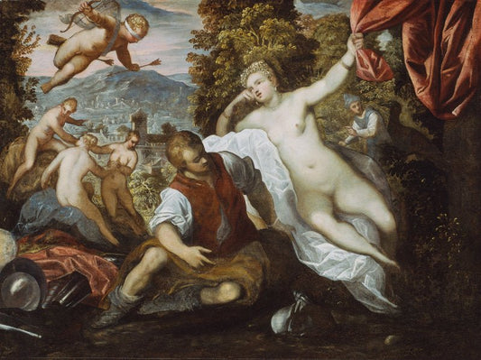 Venus and Mars with the Three Graces in a Landscape, vintage artwork by Domenico Tintoretto, A3 (16x12") Poster Print