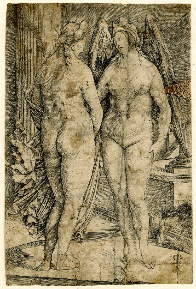 Victory and Fame, two female nudes, one with a palm, the other with wings, vintage artwork by Jacopo de' Barbari, A3 (16x12") Poster Print