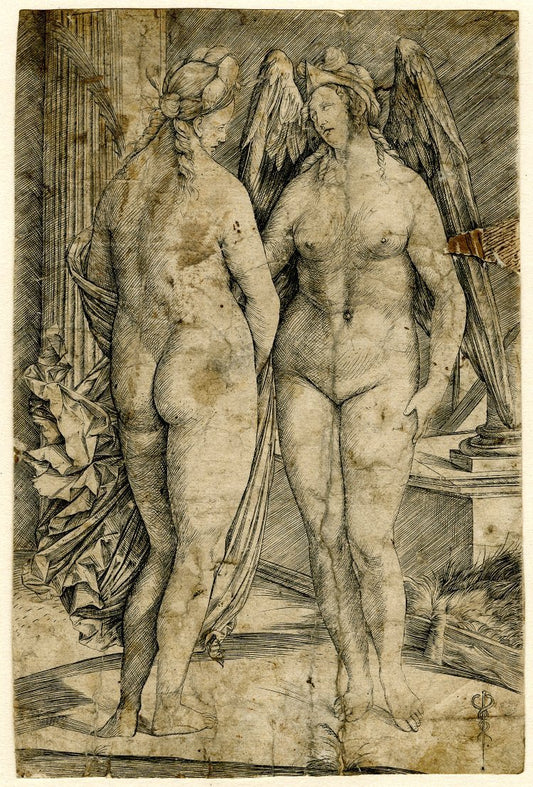 Victory and Fame, two female nudes, one with a palm, the other with wings, vintage artwork by Jacopo de' Barbari, A3 (16x12") Poster Print