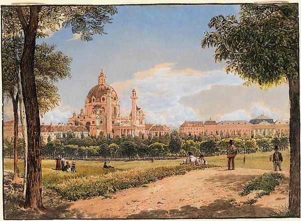 View of St. Charles Church and the Polytechnic Institute in Vi, vintage art, A3 (16x12") Poster Print