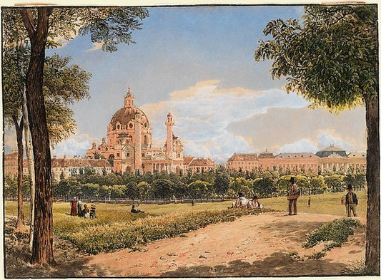 View of St. Charles Church and the Polytechnic Institute in Vi, vintage art, A3 (16x12") Poster Print