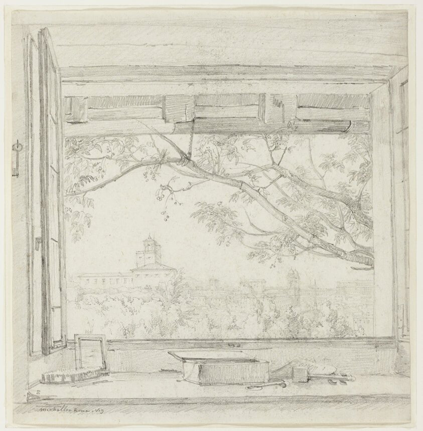 View of the Villa Medici and Sta Trinità dei Monti from Ingres's Studio in the Pavillon San Gaetano, Rome by  Achille-Etna Michallon,23x16"( A2 size ) Poster Print
