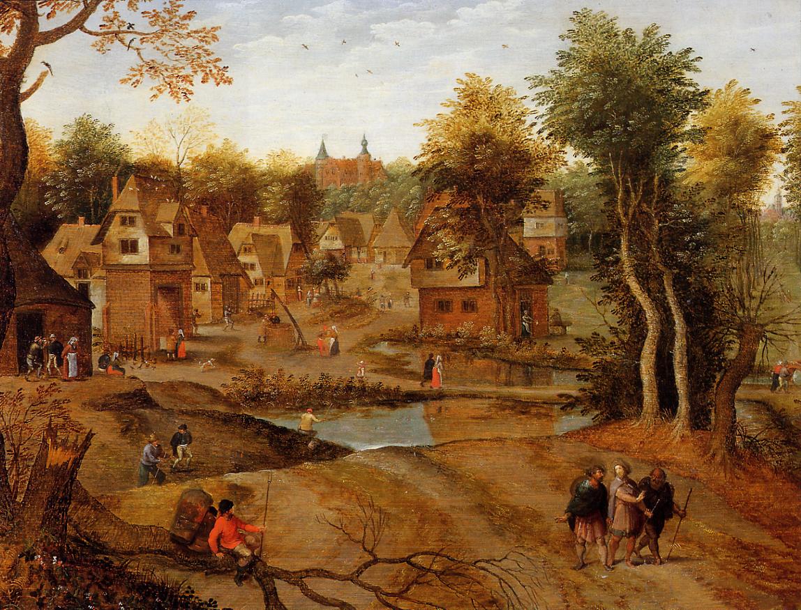 Village Landscape with Ammaus Pilgrims, vintage artwork by Pieter Brueghel the Younger, A3 (16x12") Poster Print