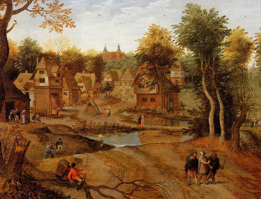 Village Landscape with Ammaus Pilgrims, vintage artwork by Pieter Brueghel the Younger, A3 (16x12") Poster Print