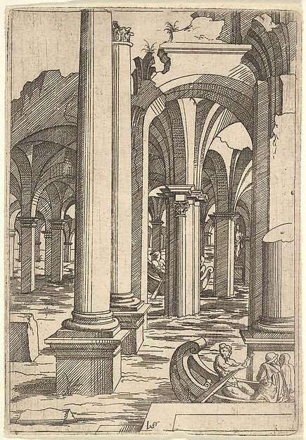 Virgil Solis 1514–1562 Nuremberg), After Jacques Androuet Du Cerceau , After Leonard Thiry:Boats Rowed Through Inundated Ruins c1550–62, vintage artwork, 16x12"(A3) Poster Print