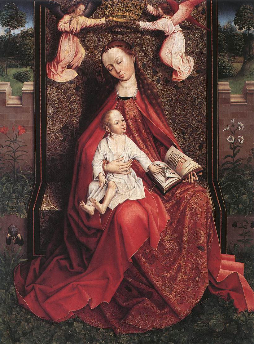 Virgin and Child Crowned by  Two Angels, vintage artwork by Master of the Embroidered Foliage, A3 (16x12") Poster Print