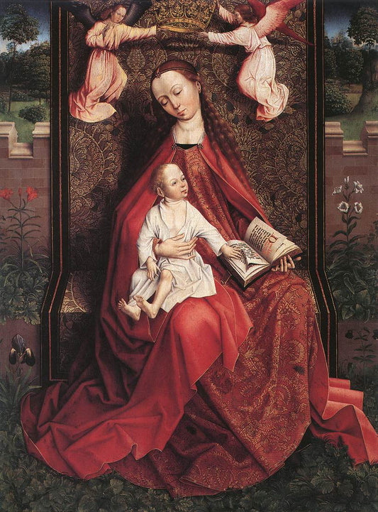 Virgin and Child Crowned by  Two Angels, vintage artwork by Master of the Embroidered Foliage, A3 (16x12") Poster Print