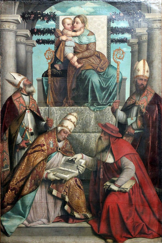 Virgin and Child Enthroned with the Four Fathers of the Latin Church, vintage artwork by Moretto da Brescia, A3 (16x12") Poster Print