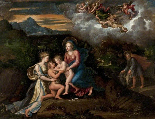 Virgin and Child in a Landscape with John the Baptist and Saint Catherine of Alexandria, vintage artwork by Girolamo da Carpi, A3 (16x12") Poster Print