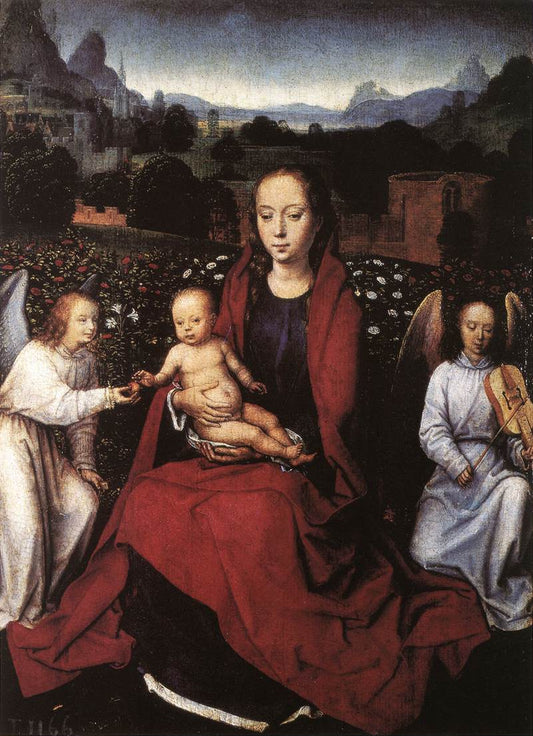 Virgin and Child in a Rose-Garden with Two Angels, vintage artwork by Hans Memling, A3 (16x12") Poster Print