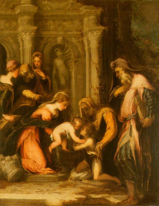 Virgin and Child, Saint John the Baptist and Saints, vintage artwork by Andrea Schiavone, A3 (16x12") Poster Print