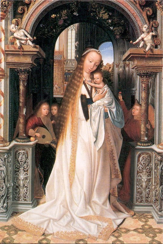 Virgin and Child Surrounded by  Angels, vintage artwork by Quentin Massys, A3 (16x12") Poster Print
