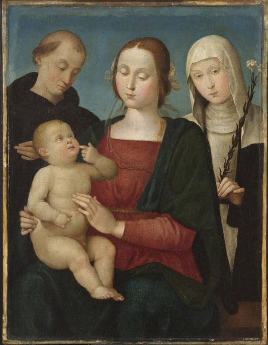 Virgin and Child, with a Monk Saint and Saint Catherine of Siena, vintage artwork by Workshop of Giovanni di Pietro, A3 (16x12") Poster Print