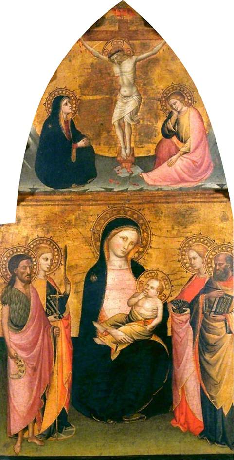 Virgin and Child with Four Saints and Christ Crucified, vintage artwork by After Jacopo di Cione, A3 (16x12") Poster Print