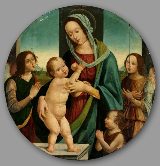 Virgin and Child with John the Baptist and Angels, vintage artwork by Pietro Donzello, A3 (16x12") Poster Print