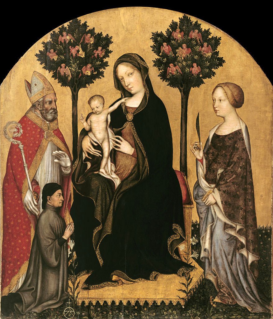 Virgin and Child with Nicholas of Bari, Saint Catherine and Two Donors, vintage artwork by Gentile da Fabriano, A3 (16x12") Poster Print