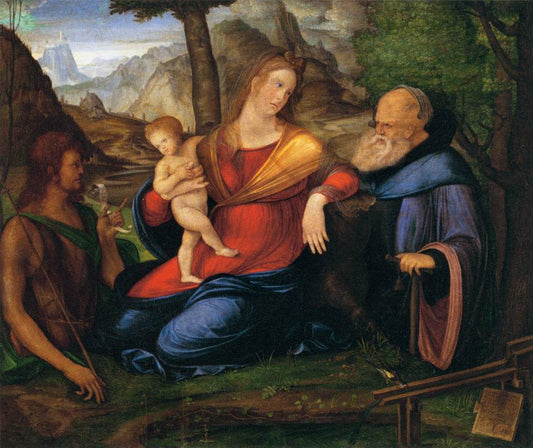 Virgin and Child with Saint John the Baptist and Saint Anthony Abbot, vintage artwork by Jacopo de' Barbari, A3 (16x12") Poster Print