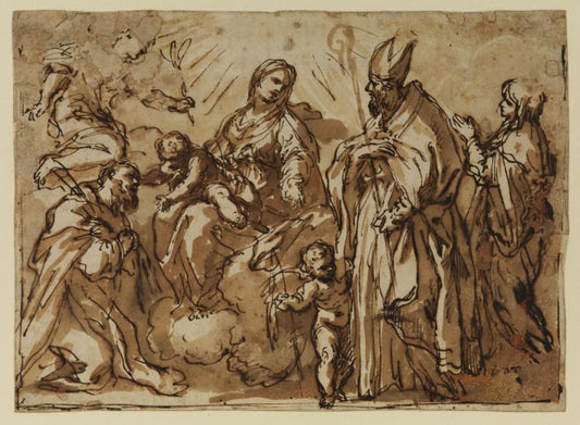 Virgin and Child with Saints and Angels, vintage artwork by Alessandro Turchi, 12x8" (A4) Poster