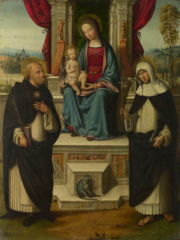 Virgin and Child with Saints Dominic and Catherine of Siena, vintage artwork by Il Garofalo, A3 (16x12") Poster Print