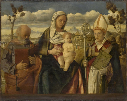 Virgin and Child, with Saints Peter and Giles, vintage artwork by Girolamo da Santa Croce, A3 (16x12") Poster Print