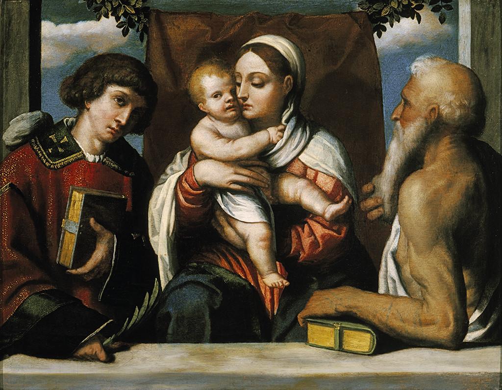 Virgin and Child with Saints Stephen and Jerome, vintage artwork by Moretto da Brescia, A3 (16x12") Poster Print