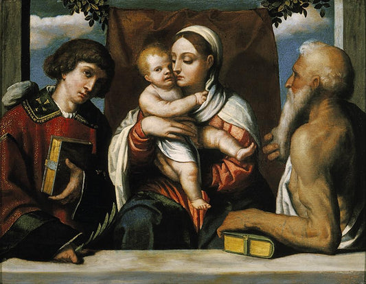 Virgin and Child with Saints Stephen and Jerome, vintage artwork by Moretto da Brescia, A3 (16x12") Poster Print