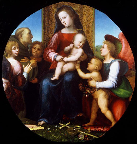 Virgin and Child with the Infant Saint John the Baptist, Saint Francis, and Three Angels, vintage artwork by Follower of Fra Bartolomeo, A3 (16x12") Poster Print