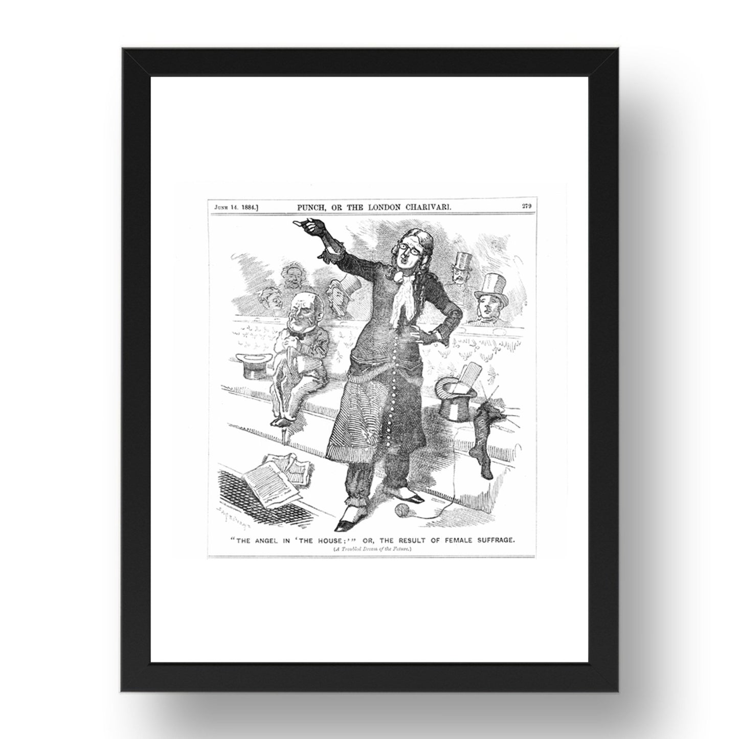 Vision of Female Suffragette in Parliament 1884 Cartoon, vintage historic poster in 17x13"(A3) Frame