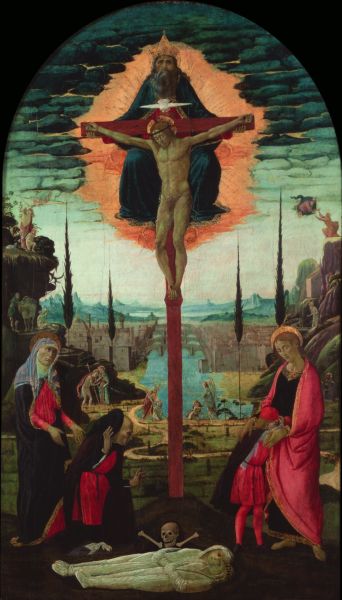 Votive Altarpiece: the Trinity, the Virgin, St. John and Donors, vintage artwork by Jacopo del Sellaio, A3 (16x12") Poster Print