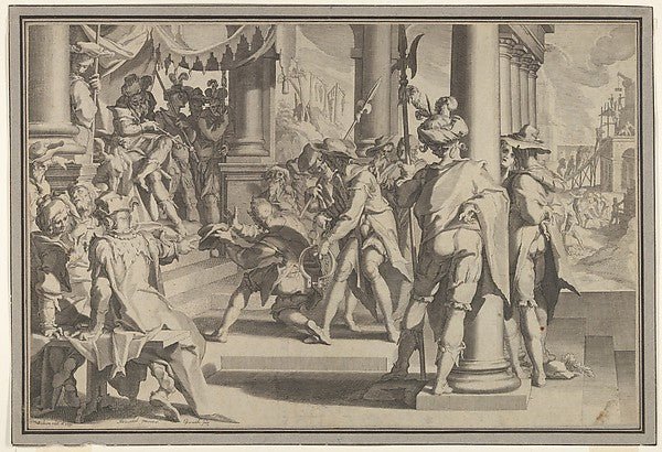 Willem van Swanenburg ,Joachim Wtewael:Allegory of Justice with a court scene depicting a man being pardoned by a judge from Thronus Justitiae tredecim pulcherrimus tabulis... plate 12 1605, vintage artwork, 16x12"(A3) Poster Print