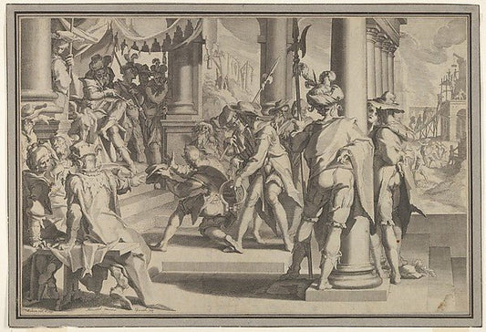 Willem van Swanenburg ,Joachim Wtewael:Allegory of Justice with a court scene depicting a man being pardoned by a judge from Thronus Justitiae tredecim pulcherrimus tabulis... plate 12 1605, vintage artwork, 16x12"(A3) Poster Print