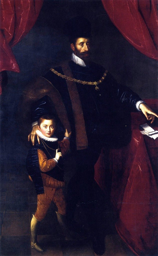 William V, Duke of Bavaria, with his son Albrecht V, vintage artwork by Hans von Aachen, 12x8" (A4) Poster