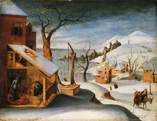 Winter Landscape with Angel Appearing to St Joseph, the Massacre of the Innocents, and Flight into Egypt, vintage artwork by Abel Grimmer, 12x8" (A4) Poster
