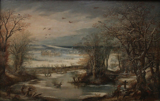 Winter Landscape with Castle, vintage artwork by Denijs van Alsloot, 12x8" (A4) Poster