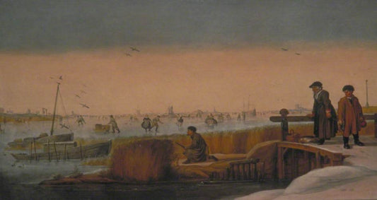 Winter Landscape with Figures on a Bridge, a Hunter and a Skater, vintage artwork by Arent Arentsz., 12x8" (A4) Poster