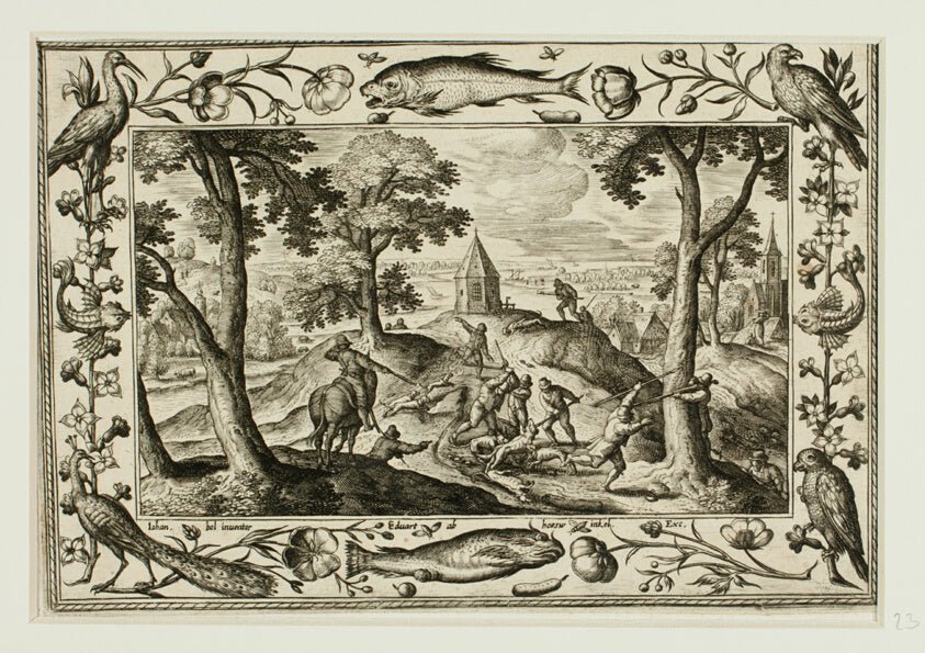 Wolf Hunt, from Landscapes with Old and New Testament Scenes and Hunting Scenes by  Adriaen Collaert (Flemish, c. 1560–1618) , 23x16"( A2 size ) Poster Print