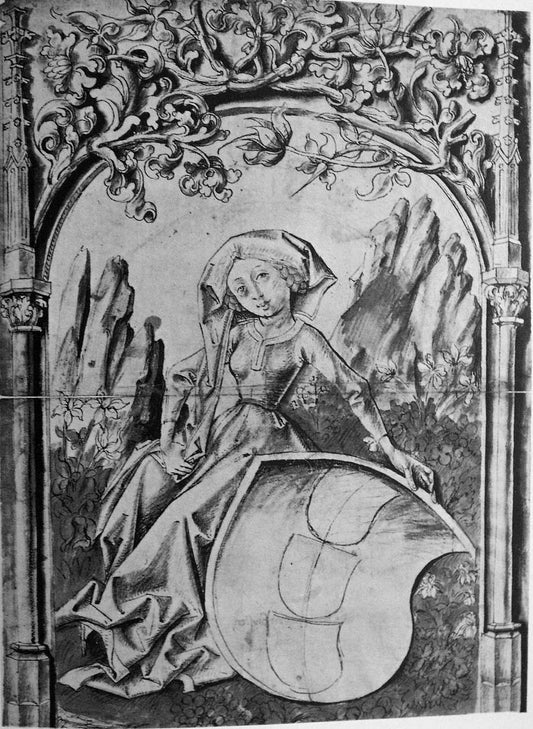Woman and a escutcheon, vintage artwork by Master E.S., A3 (16x12") Poster Print